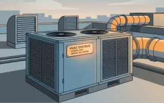 Commerciële airco-unit op een dak met identificatienameplate, industriële ventilatiegrilles en leidingen op de achtergrond.