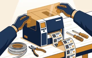 Handen die een polyester labelvel invoeren in een industriële labelprinter op een werkbank, met gedrukte vinylletters en kabelmarkeringen.