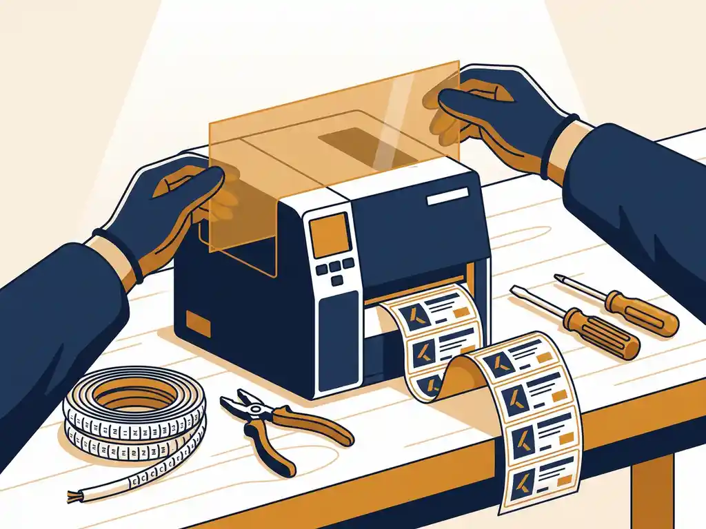 etiketprinter-vinyl-labels-werkplaats.jpg Handen die een polyester labelvel invoeren in een industriële labelprinter op een werkbank, met gedrukte vinylletters en kabelmarkeringen.