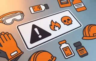 Oranje gevaarswaarschuwingslabel op wit polyester, omringd door chemische flesjes en veiligheidsuitrusting op stalen werktafel.