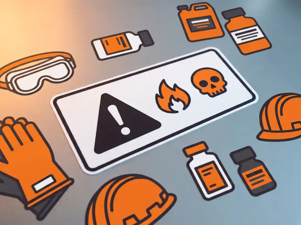 gevaarslabel-chemische-veiligheid-waarschuwing.jpg Oranje gevaarswaarschuwingslabel op wit polyester, omringd door chemische flesjes en veiligheidsuitrusting op stalen werktafel.