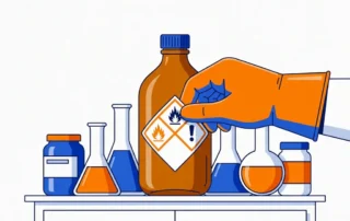 Gehandschoende hand die een oranje GHS-gevarenlabel aanbrengt op een amber glazen chemicaliënfles in een laboratorium.