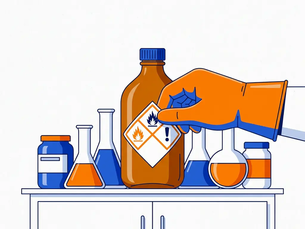 gevaarlijke-stof-etiket-laboratorium-veiligheid.jpg Gehandschoende hand die een oranje GHS-gevarenlabel aanbrengt op een amber glazen chemicaliënfles in een laboratorium.
