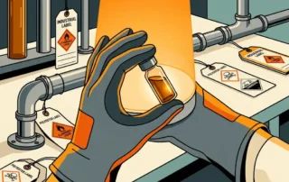 Gehandschoende hand houdt glazen injectieflacon met amber vloeistof omhoog, omringd door GHS-gevaarsymbolen en industriële pijplabels.