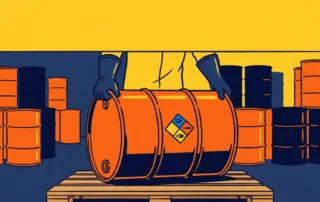 Gevaarlijke chemische drum met hazard-diamant label op industrieel pallet geladen in magazijn, omringd door verzegelde vaten.