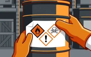 Gehandschoende handen die een GHS-gevaarsetiket met ruitvormige pictogrammen aanbrengen op een chemische opslagcanister in een industrieel magazijn.