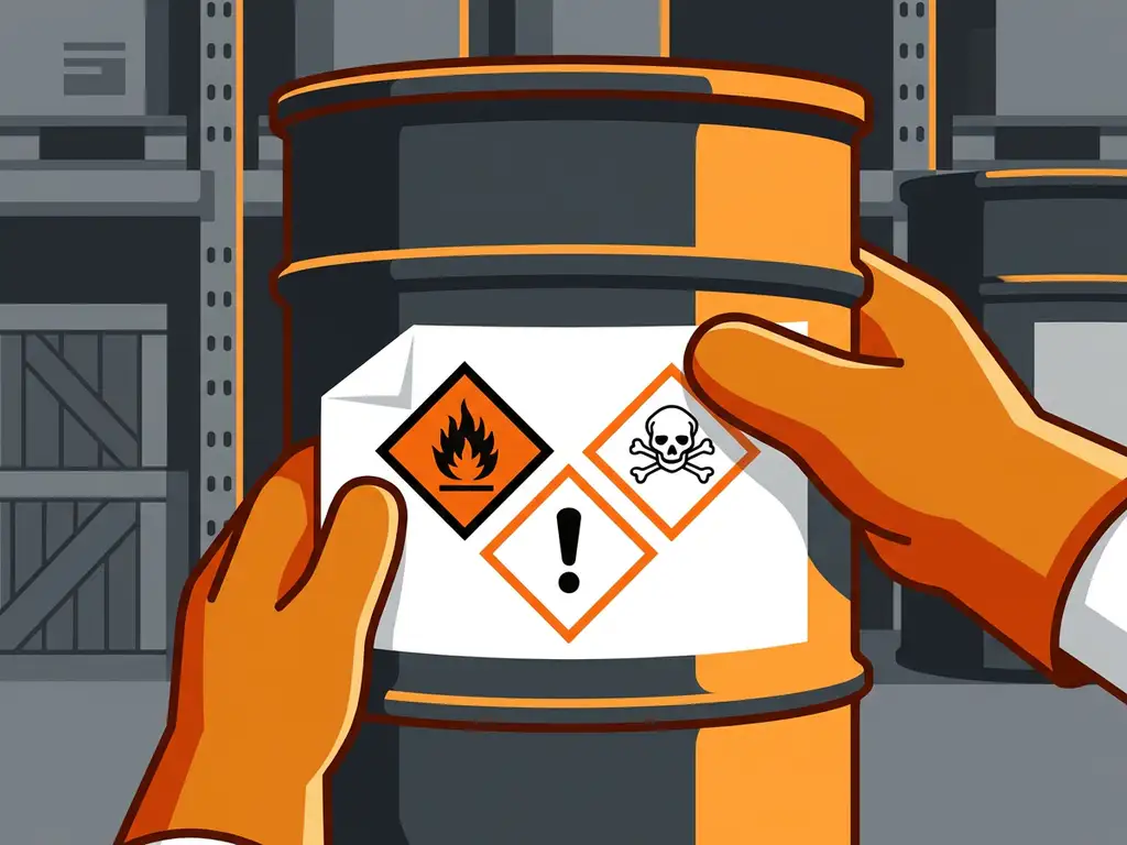 gevaarlijke-stoffen-ghs-etiket-opslag.jpg Gehandschoende handen die een GHS-gevaarsetiket met ruitvormige pictogrammen aanbrengen op een chemische opslagcanister in een industrieel magazijn.