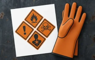 GHS-gevaarsetiket met oranje en zwarte hazardsymbolen op verweerd staal, naast een chemisch beschermingshandschoen.