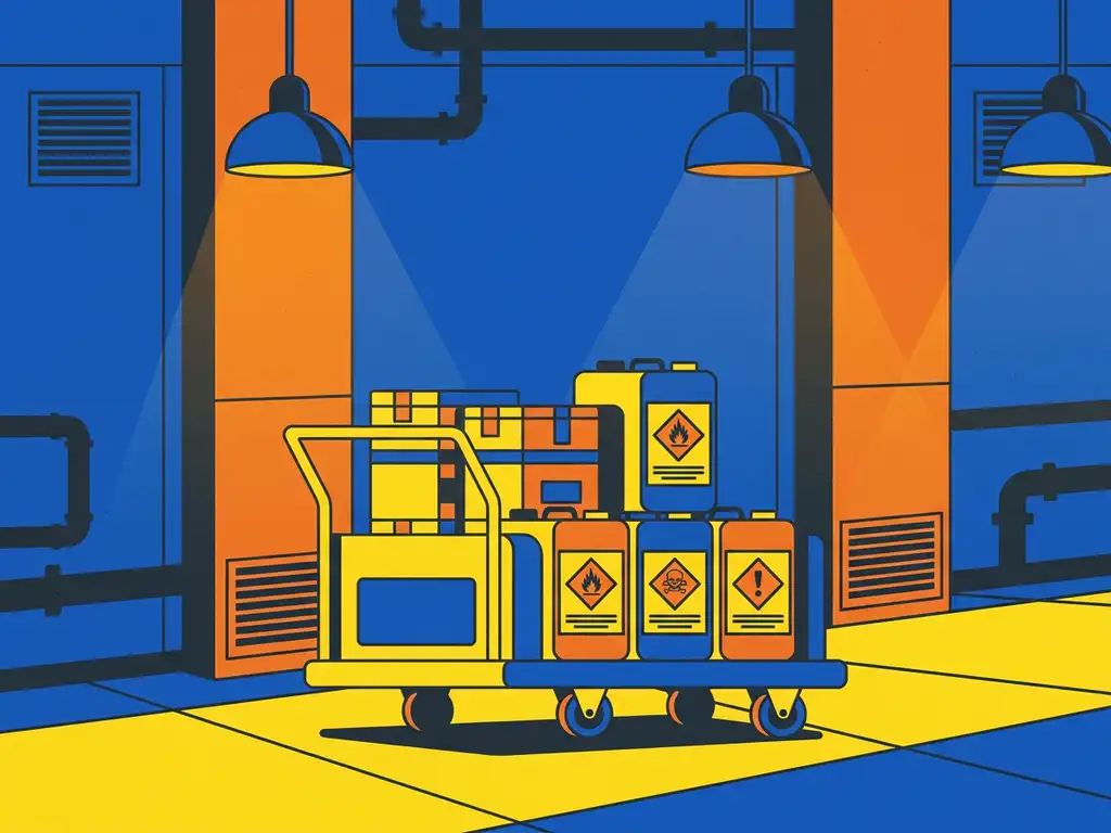 gevaarlijke-stoffen-trolley-ghs-opslag.jpg Chemische opslagtrolley met GHS-gevaarpictogrammen op gelabelde containers in industriële gang.