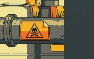 Gevaarswaarsschuwingslabel op verweerde industriële stalen pijp in fabriek, omgeven door chemische vaten en veiligheidsuitrusting.