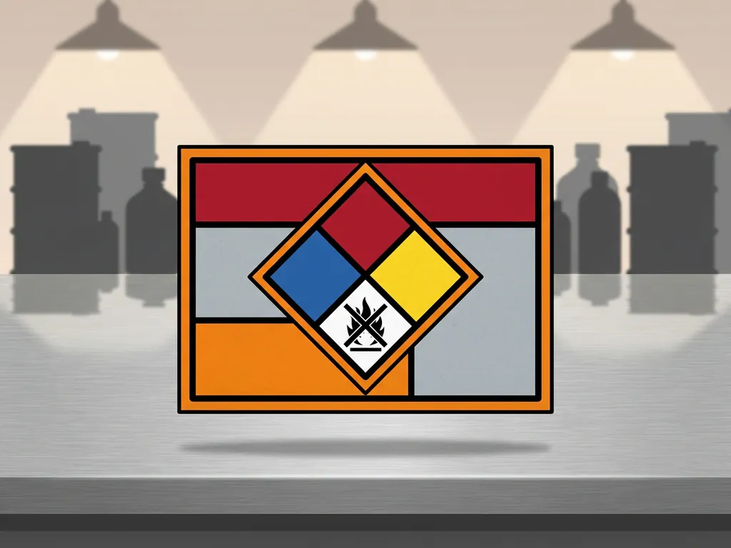 gevaarsymbool-diamant-industrieel-label.jpg Gevarendiamant in oranje, rood en wit op industrieel polyester etiket, omgeven door chemische verpakkingen in een fabriek.