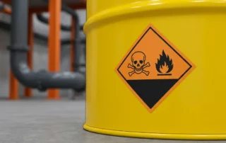 Gevaarsetiket met GHS-pictogram op geel industrieel chemicaliënvat op betonnen fabrieksv­loer.