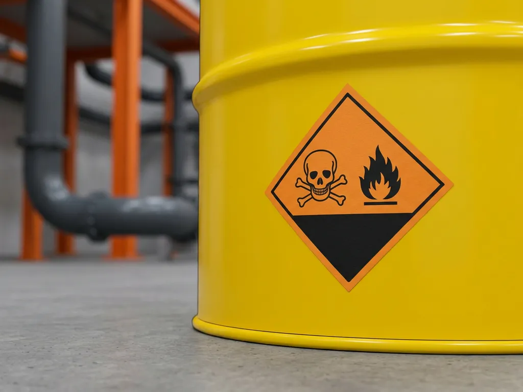 gevaarlijke-stof-label-chemisch-drum.jpg Gevaarsetiket met GHS-pictogram op geel industrieel chemicaliënvat op betonnen fabrieksvloer.