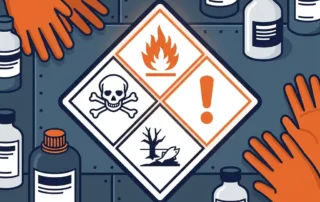 GHS-gevaarsdiamond met vier kwartanten: vlam, uitroepteken, doodshoofd en milieuicoon, omringd door chemische flessen en veiligheidshandschoenen.