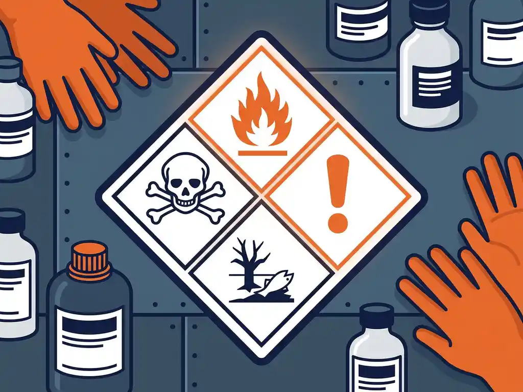 gevaarlijke-stoffen-ghs-waarschuwing-label.jpg GHS-gevaarsdiamond met vier kwartanten: vlam, uitroepteken, doodshoofd en milieuicoon, omringd door chemische flessen en veiligheidshandschoenen.