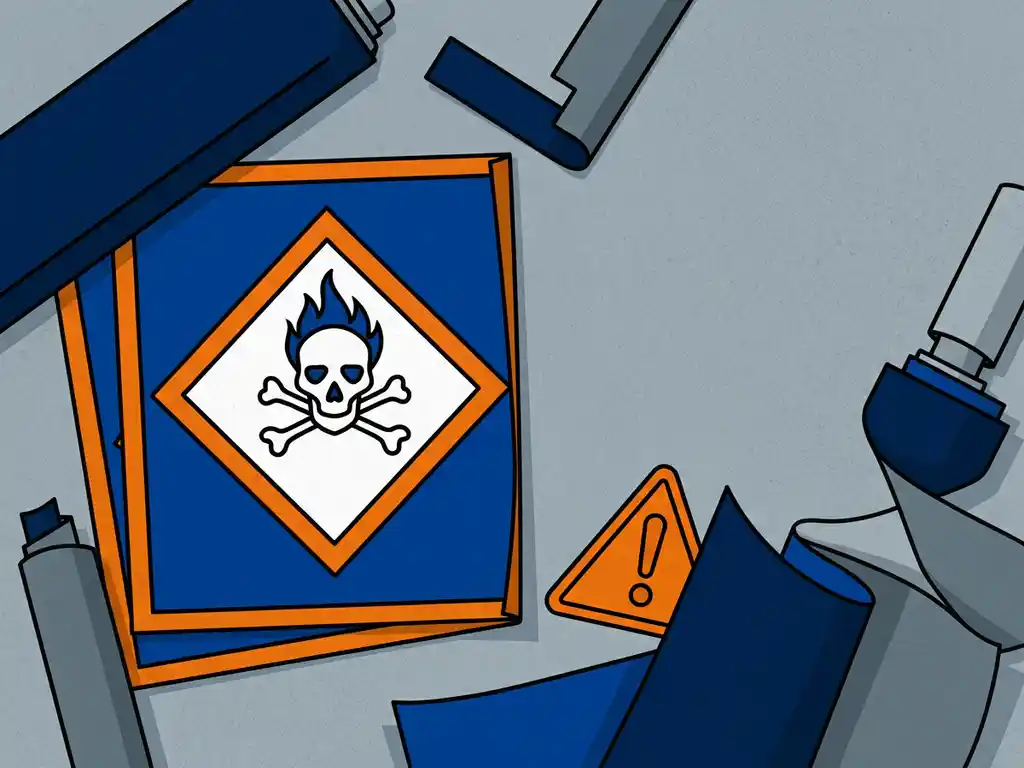 gevaarlijke-stoffen-ghs-label-industrieel.jpg GHS-gevaarlabel op stalen industrieel oppervlak, omgeven door chemisch bestendige polyester labelmateriaal en oranje waarschuwingssymbool.