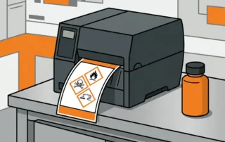 GHS-gevarenlabel dat uit een industriële labelprinter komt op een stalen werkblad, met chemische veiligheidspictogrammen en oranje container.