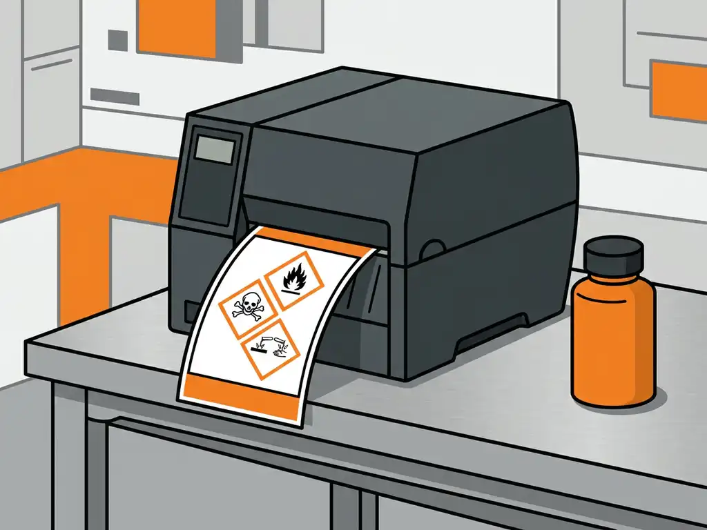 gevaarsetiket-ghs-printer-chemische-veiligheid.jpg GHS-gevarenlabel dat uit een industriële labelprinter komt op een stalen werkblad, met chemische veiligheidspictogrammen en oranje container.