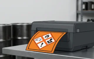 GHS-gevaarsdiamond label dat uit een industriële labelprinter rolt op een stalen werkoppervlak, chemische opslagvaten op achtergrond.