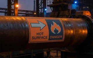 Hittebestendige pijpmarkering om een gloeiende industriële pijp in een donkere fabriek, in oranje en staalgrijs.