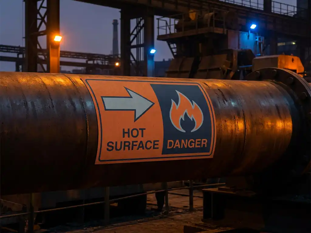 hittebestendige-pijpmarkering-industrie-veiligheid.jpg Hittebestendige pijpmarkering om een gloeiende industriële pijp in een donkere fabriek, in oranje en staalgrijs.