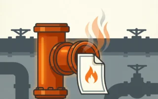 Hittebestendige polyester label dat licht opkrult op een gloeiende industriële pijpfitting, omgeven door stoomwolkjes en warmtewas.