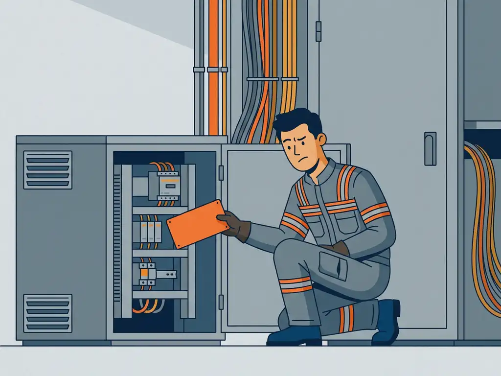 identificatieplaat-elektrisch-paneel-installateur-compliance.jpg Gefrustreerde monteur naast open schakelkast met onleesbare identificatieplaat, industriële kabels op achtergrond, compliance-probleem zichtbaar.