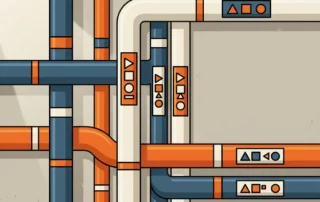 Industriële leidingen in verschillende diameters langs fabriekswall, voorzien van kleurgecodeerde identificatiebanden in staalblauuw, oranje en wit.