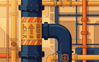 Kleurgecodeerd identificatielabel op grote industriële pijp in een fabrieksomgeving met netwerk van leidingen in verschillende maten.