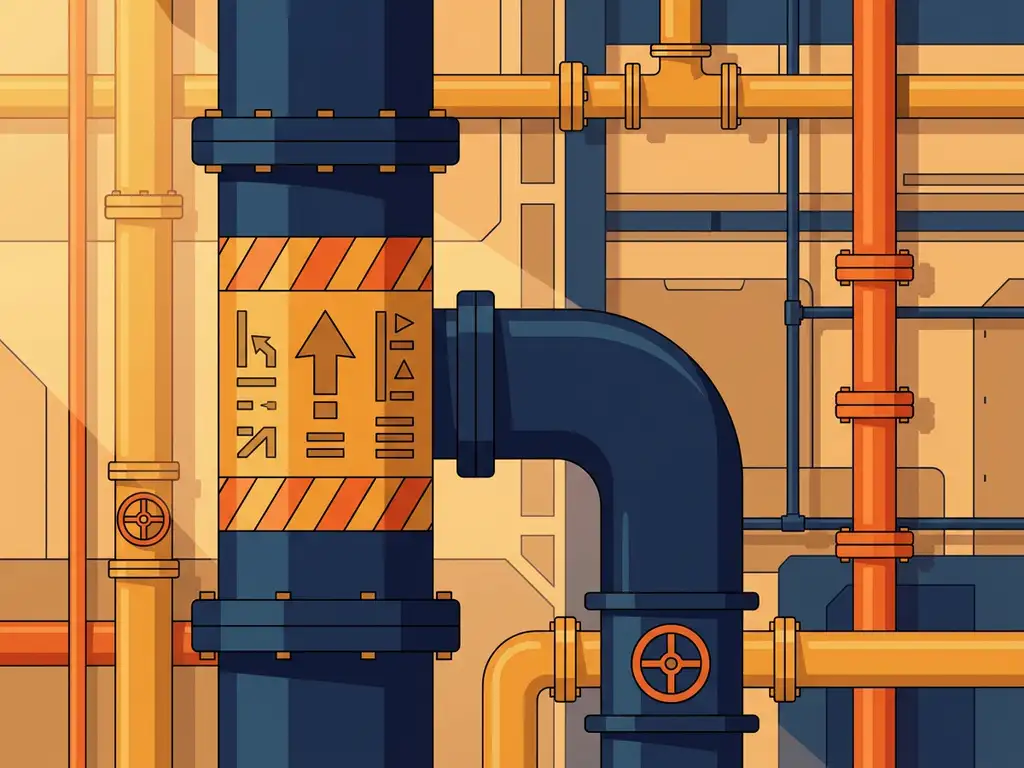 industriele-pijp-identificatie-label-fabriek.jpg Kleurgecodeerd identificatielabel op grote industriële pijp in een fabrieksomgeving met netwerk van leidingen in verschillende maten.