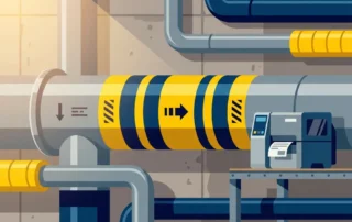 Kleurgecodeerde identificatiebanden op industriële pijpen langs betonnen muur in fabriek, met labelprinter op metalen oppervlak.