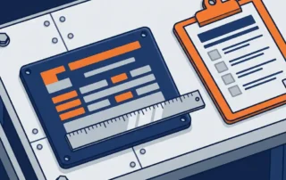 Industrieel identificatieplaat gemeten met metalen liniaal op werkbank, naast klembord met compliance-checklist, vlakke vectorillustratie.