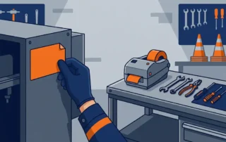 Industrieel identificatielabel op metalen machinepaneel, met compacte labelprinter op stalen werkbank en onderhoudgereedschap op de achtergrond.