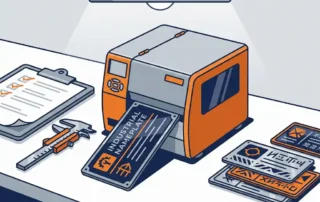 Industrieel naamplaatje dat uit een labelprinter komt op een stalen werkbank, omringd door schuifmaat, checklist en meertalige voorbeeldplaten.