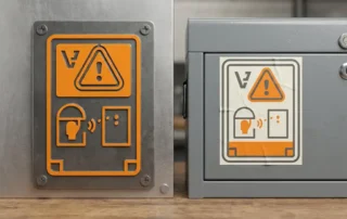 Industrieel naamplaatje op stalen paneel naast zelfklevend label op geschilderd metaaloppervlak, weergegeven op een werkbank.