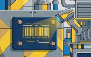 Industriële identificatieplaat met barcode op stalen machinepaneel, handheldscanner in de buurt, fabriekomgeving.