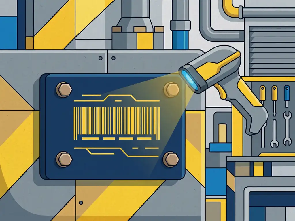 industriele-identificatieplaat-barcode-scanner-fabriek.jpg Industriële identificatieplaat met barcode op stalen machinepaneel, handheldscanner in de buurt, fabriekomgeving.