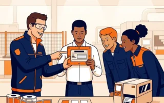 Teamleider wijst naar industriële identificatieplaat in fabriekstraining, met labelprinter en vinylstickers op werkbank.