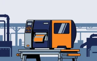 Industriële labelprinter op werkbank in fabriek, met vers bedrukt naamplaatje en metalen leidingen op achtergrond.