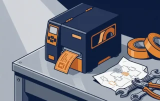 Industriële labelprinter op stalen werkbank met vinyl taperolls, identificatieplaat en digitaal workflowdiagram op papier.