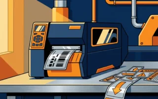 Industriële labelprinter op stalen werkoppervlak met verspreide polyester labels in marineblauw en veiligheidsoranje.