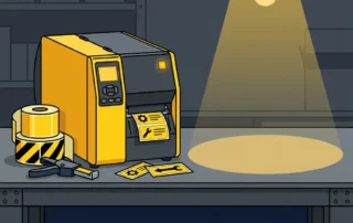 Industriële labelprinter op stalen werkbank met vinylrollen en handmatige labelmaker als back-uptools tijdens apparaatstilstand.