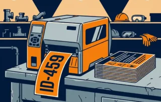 Industriële labelprinter drukt vinyl identificatieplaat af naast stapel starre bordjes op werkbank in fabriek.