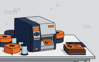 Industriële labelprinter omringd door vinylrollen, polyesterlint en gedrukte identificatieplaten op een werkoppervlak.