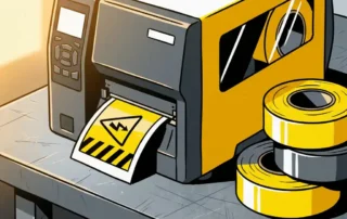 Industriële labelprinter op stalen werkbank die een geel-zwart waarschuwingslabel uitvoert, met vinylrolletjes ernaast.