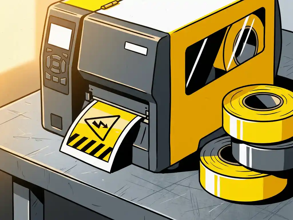 industriele-labelprinter-waarschuwingslabel-werkbank.jpg Industriële labelprinter op stalen werkbank die een geel-zwart waarschuwingslabel uitvoert, met vinylrolletjes ernaast.