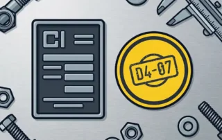 Geïllustreerde flat-lay van een gegraveerde identificatieplaat en ronde inspectiesticker op geborsteld staal, omringd door bevestigingsmiddelen en een schuifmaat.