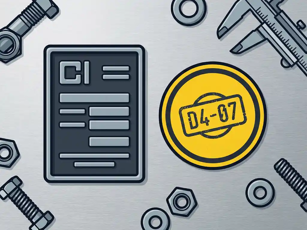 industriele-labels-staal-inspectie-identificatie.jpg Geïllustreerde flat-lay van een gegraveerde identificatieplaat en ronde inspectiesticker op geborsteld staal, omringd door bevestigingsmiddelen en een schuifmaat.