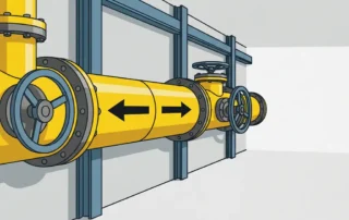 Industriële pijpleiding met tegengestelde richtingspijlen in een fabrieksgang, met flensverbindingen en klepafsluiter.