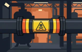 Gevaarslabel op industriële pijp met gevarenpictogram en kleurgecodeerde markeringen in donkere fabrieksgang.